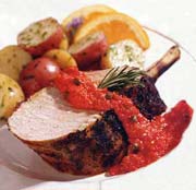 Grilled Tuscan Pork Rib Roast with Rosemary Coating and Red Pepper Relish