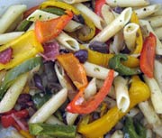 Ziti with Roasted Peppers, Green Olives, and Spicy Salami